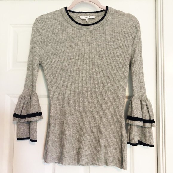 FRAME | Ruffle-Cuff Sleeves Rib-Knit Wool Sweater | Size XS - Picture 3 of 7